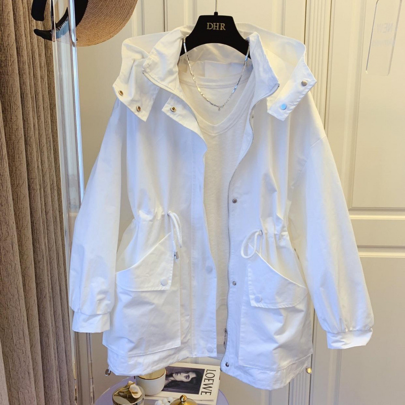 Embroidered casual sporty Korean style loose medium-long length hooded coat for women, lazy style 2025 spring new design