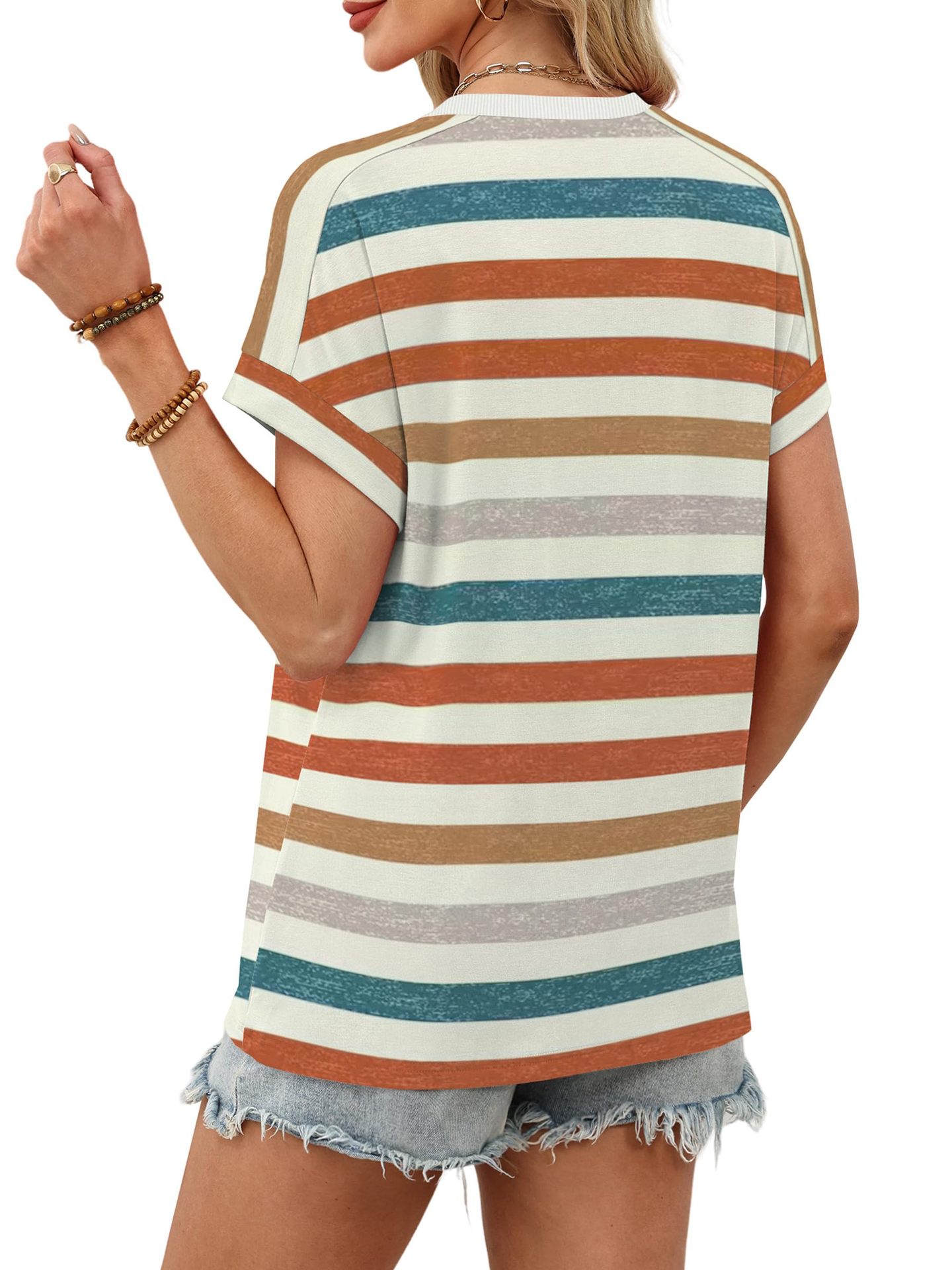 Summer New Women's Round Neck Casual Striped T-Shirt Short Sleeve Top American Style_ecoleips.com