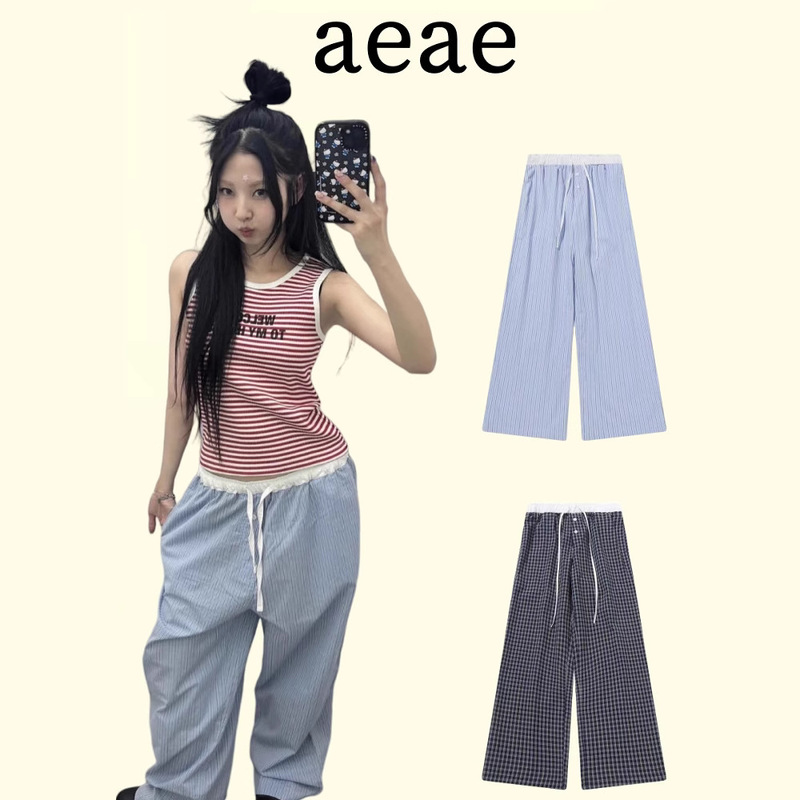 South Korea Fashion Brand Aeae Wings Pants Women's 2025 New Plaid Striped Casual Pants Slimming High Waist Pants