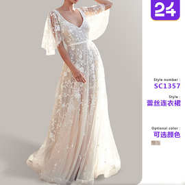 2026秋季欧美外贸新款连衣裙 ebay亚马逊性感蕾丝V领露背连衣裙女