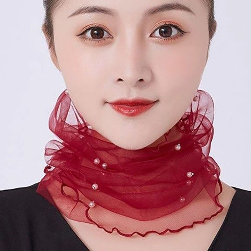 Women's New Style Pullover Neck Protector, Korean Style Student Summer Lace Beaded Thin Silk Scarf Square Scarf Fake Collar