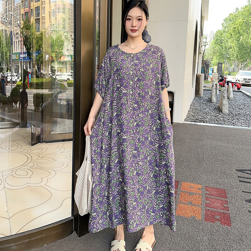 人工綿ドレス夏の女性の 2025 新しい気質ルーズレイジースタイルスリム薄い綿シルク花柄ロングスカート|undefined