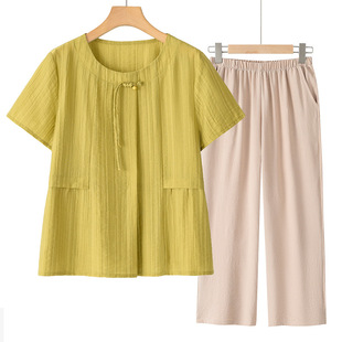 Middle-Aged and Elderly Mother-In-Law's Three-Quarter Pants Suit, Mother's Summer Short-Sleeved Suit, Women's Embroidered Top, Cotton and Linen Grandma's Suit