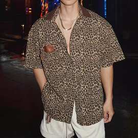 美式复古豹纹短袖衬衫男款夏季潮流街头宽松休闲度假百搭衬衣外套