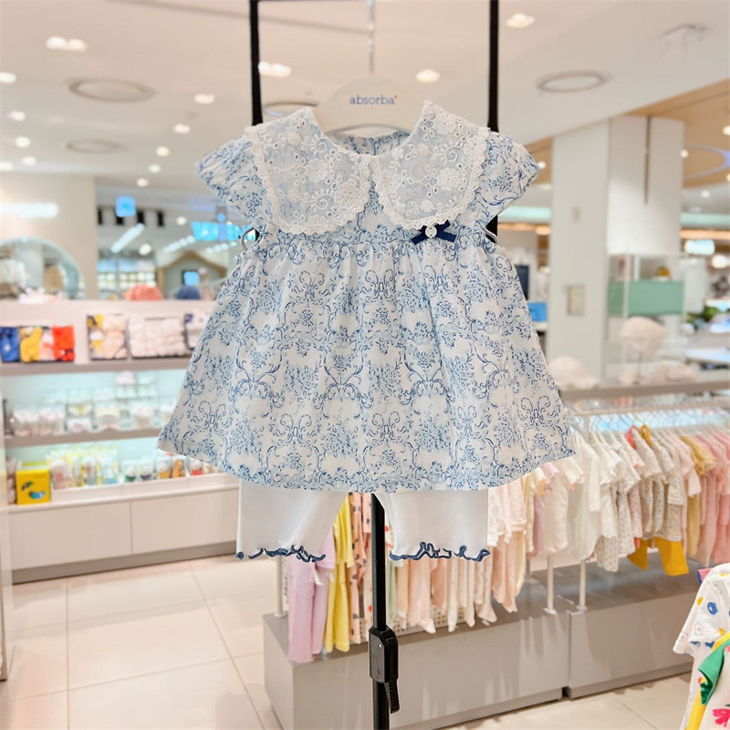 Korean Style Children's Clothing Drop Shipping Summer Girls Lace Collar Skirt Top Leggings Two-Piece Set Ms341402