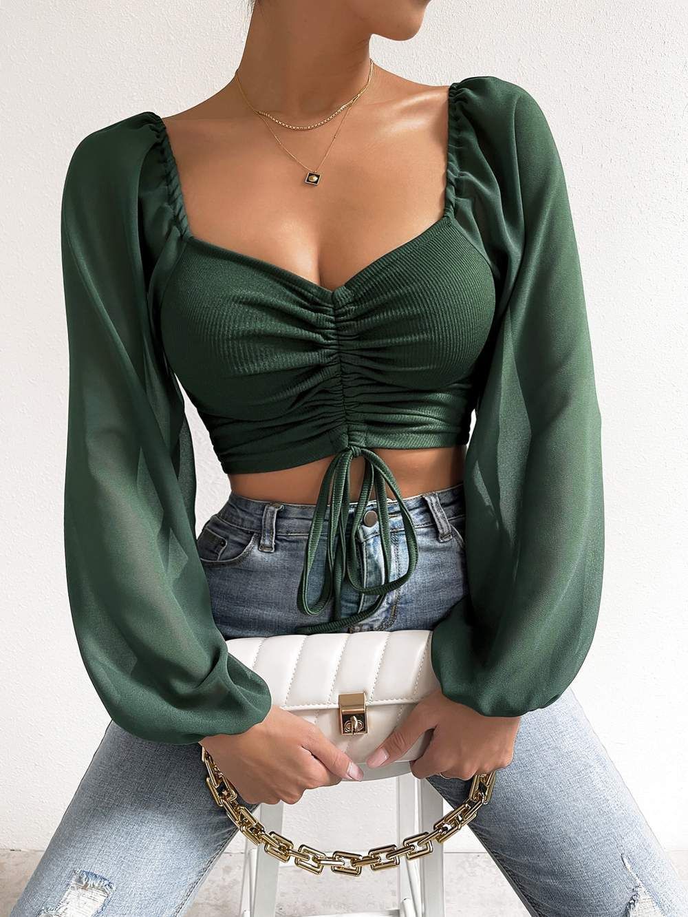 New Style Pit Stripe Chiffon Drawstring Lantern Sleeve Tight Fashion Women's Tops Shirt_senzul.com