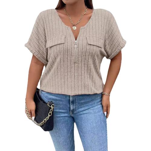 Summer and Autumn Pure Color Plus-Size Women's Top Zipper Short Sleeve Pouch Front T-Shirt Loose Fit
