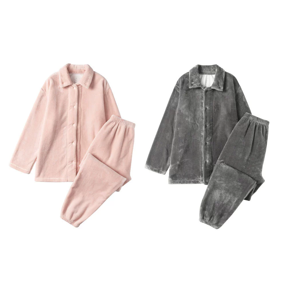 Теплый мягкий утолщенный плюшевый Пижамный костюм без принта с фланелевым воротником Парная Домашняя одежда Осенне-зимний теплый коралловый флис
