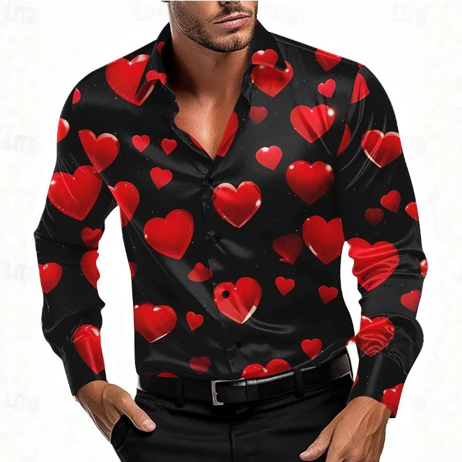 Men's Heart Print Long Sleeve Shirt Cross-Border Valentine's Day Casual Lapel Shirt Amazon Party Theme Men's Clothing Men's Heart Print Long Sleeve Shirt Cross-Border Valentine's Day Casual Lapel Shirt Amazon Party Theme Men's Clothing