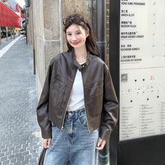 咖色立领皮衣外套女2025秋季新款复古小个子宽松显瘦短款PU皮夹克
