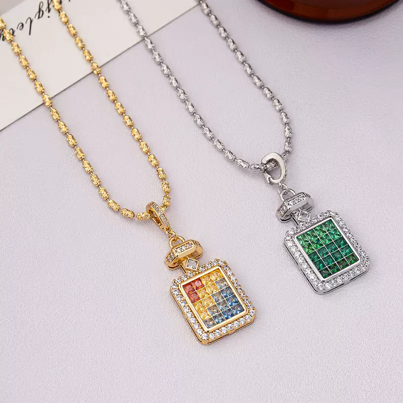 香水瓶吊坠项链女镶嵌彩色锆石渐变梵高星空彩虹高级感轻奢锁骨链