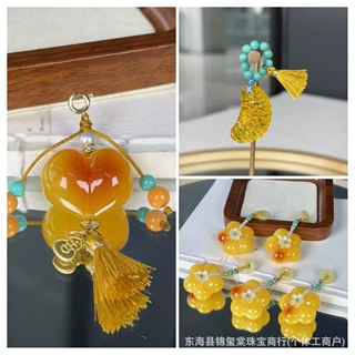 二代蜜蜡屁桃小花橘子搭配菱镁矿松石滴溜小众精致高级感饰品