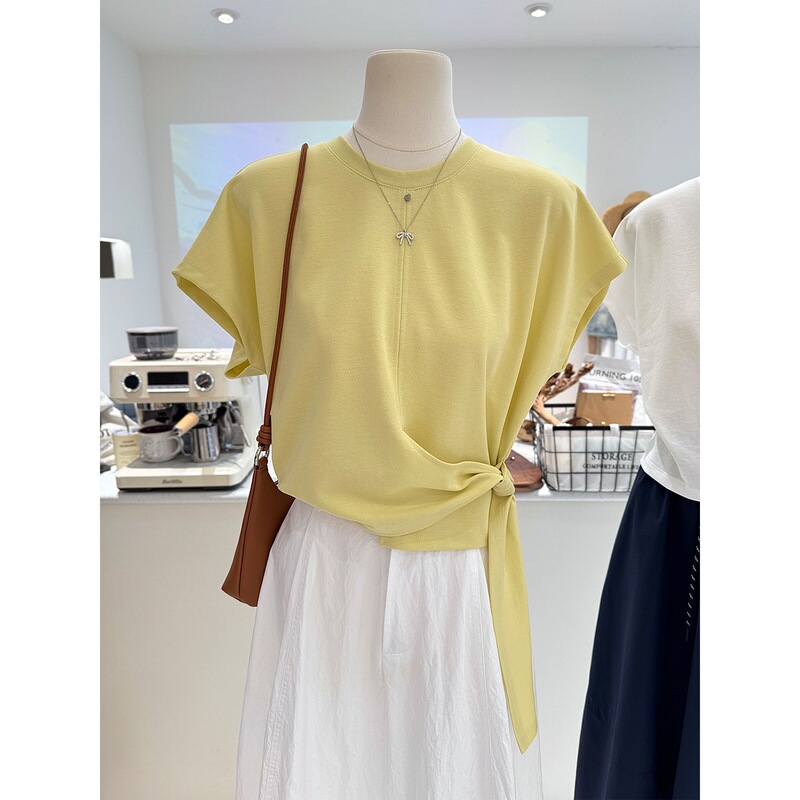 Summer New Style High-End Round Neck Waist-Cinching Side-Tie Asymmetrical Short-Sleeve T-Shirt for Women Summer New Style High-End Round Neck Waist-Cinching Side-Tie Asymmetrical Short-Sleeve T-Shirt for Women
