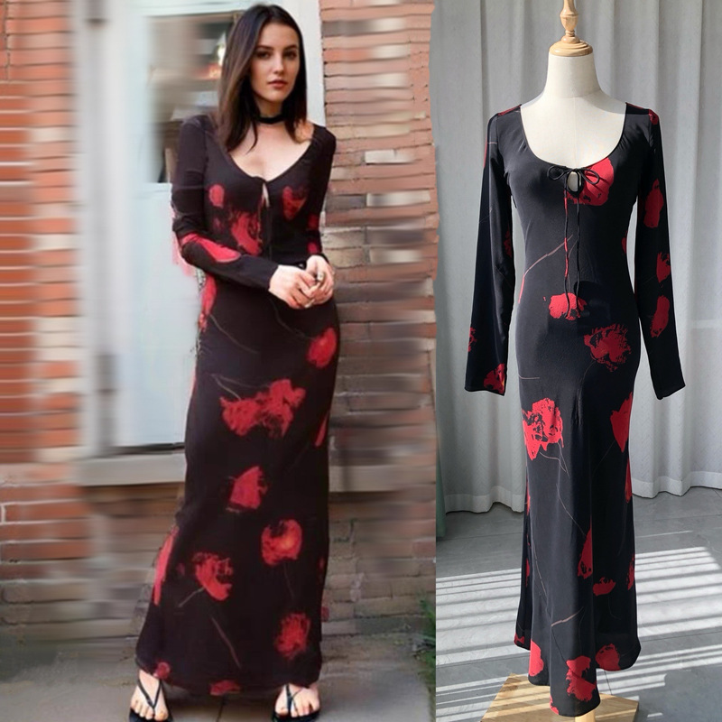 Black Queen-French Retro Sexy Big Round Neck Crosscut Silk Long Sleeve dress