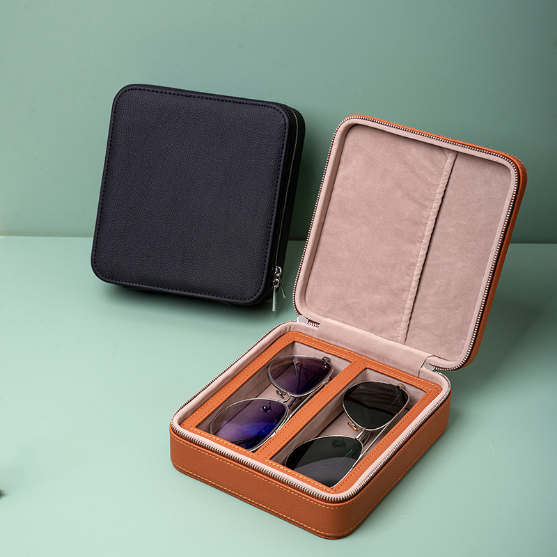 Cross-border new glasses storage box double PU brown retro portable high-end flip sunglasses protective display box