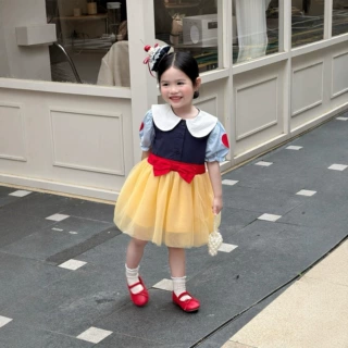 2026女童夏卡通公主爱心刺绣蝴蝶结泡泡短袖连衣裙网纱演出服礼服