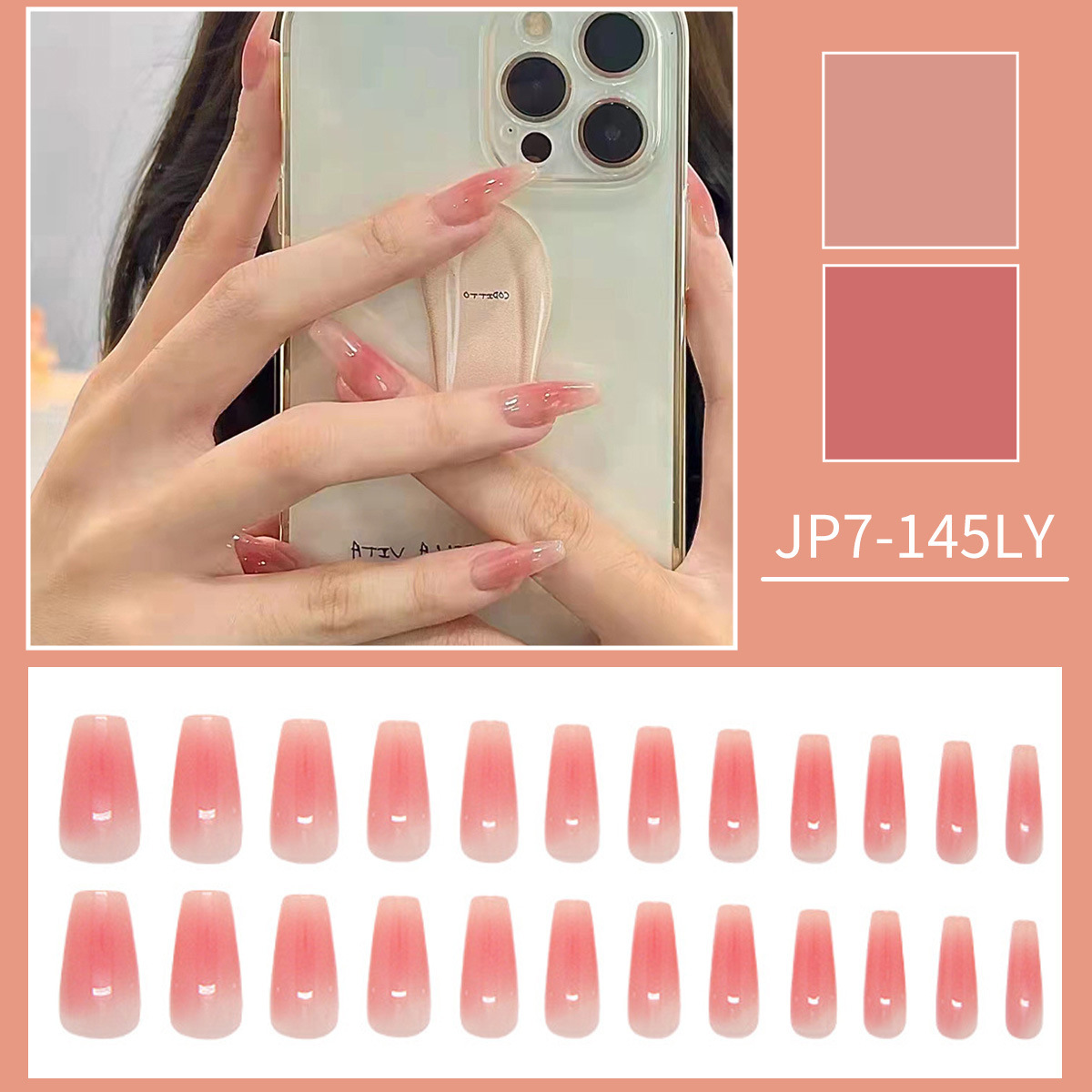 Primavera y verano de uñas desgastadas, parches de uñas de color melocotón puro, gradiente de desgaste de uñas cortas y medianas