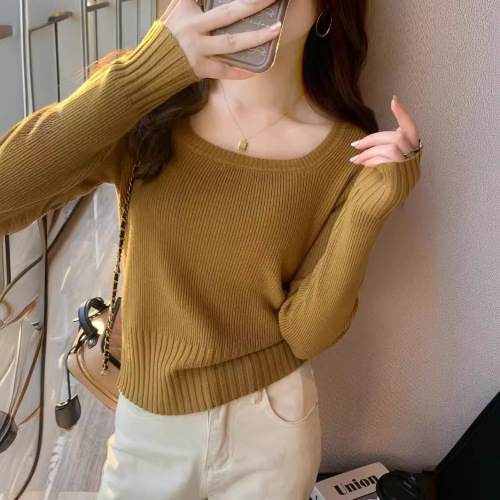 Thin Knit Top 2025 Spring and Autumn Women's Autumn Upper Layer Blouse Square Collar Base Shirt Short Body-Fitting Sweater