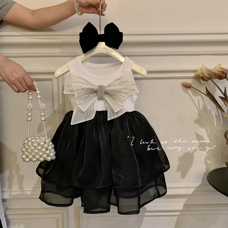 Vestido negro elegante y con estilo para niñas, con lazo, estilo princesa, verano 2024, vestido tipo camiseta delgado estilo coreano