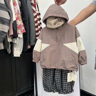Korean Autumn Boys and Girls Half Zip Hooded Pullover Jacket Children's New Stitching Outdoor Cycling Jacket