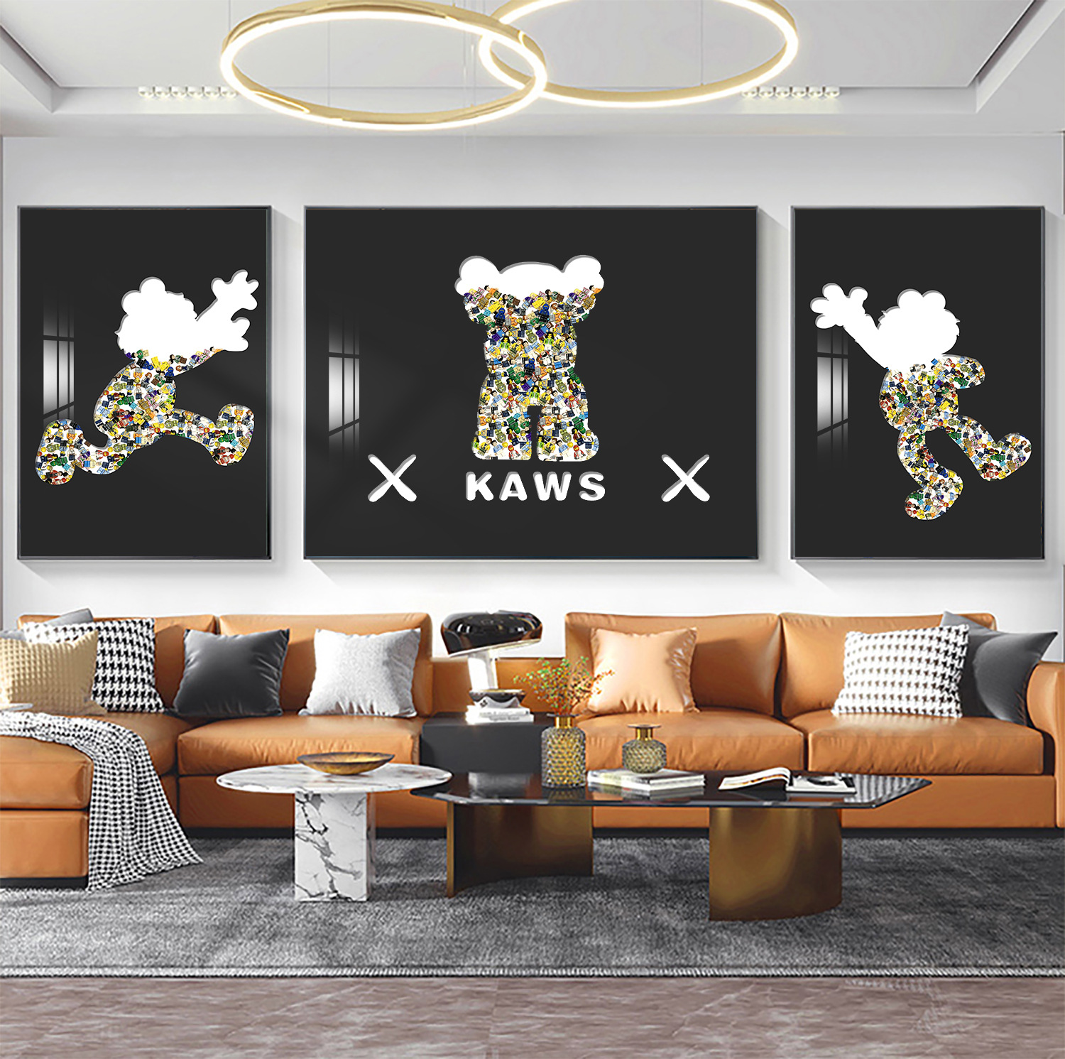 Lego building block pintura Kaws sala de estar pintura decorativa marca de moda violenta Oso de dibujos animados sofá triple Fondo colgante de pared pintura