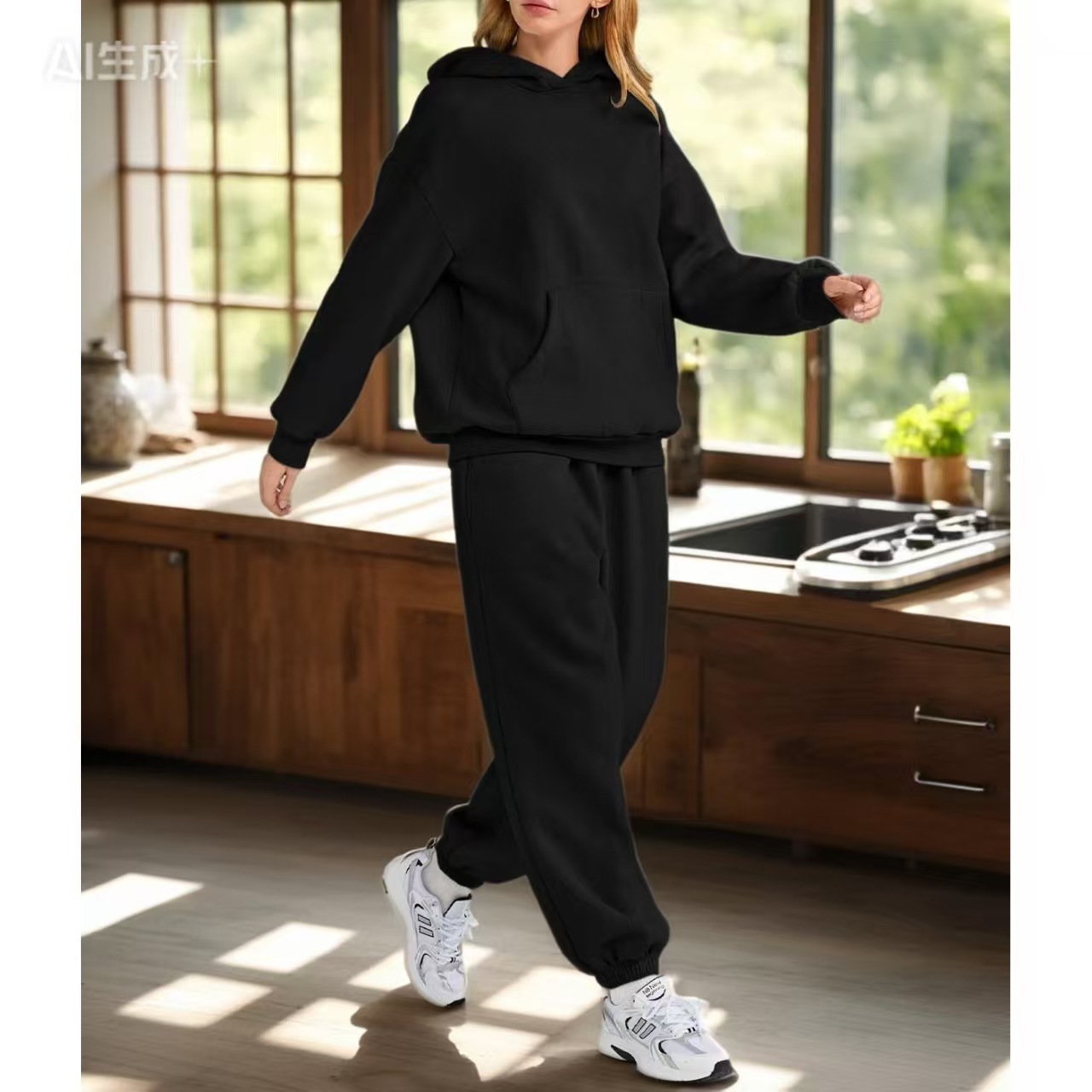 European and American Cross-Border Autumn and Winter Fashion Casual Sweatshirt and Sweatpants Two-Piece Set Women's Fleece Knitted Sports Suit Solid Color