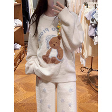 新款睡衣女秋冬季半边绒小熊印花加厚保暖套头家居服套装可外穿