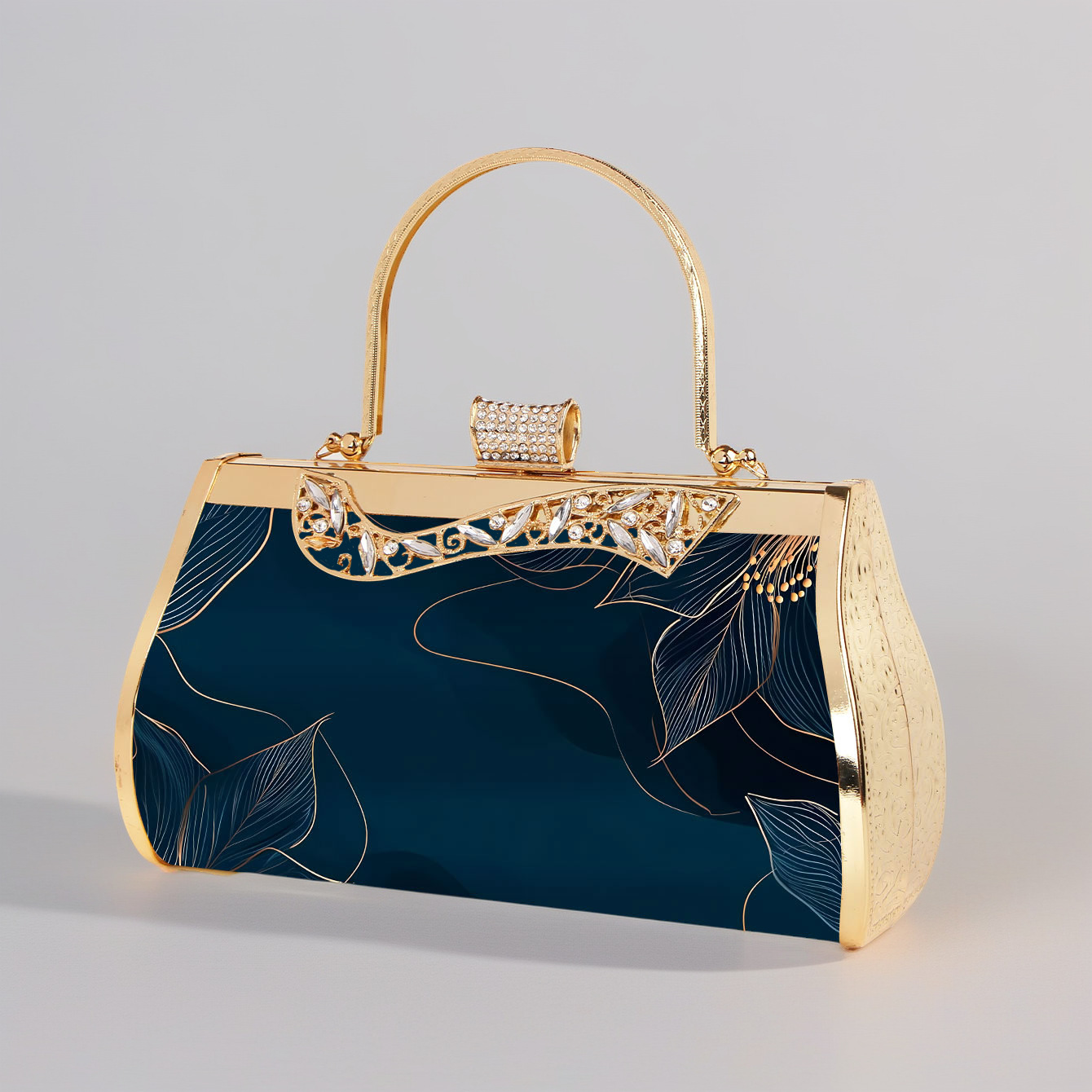 Pochette da sera elegante smeraldo con motivi floreali oro_voghion.com