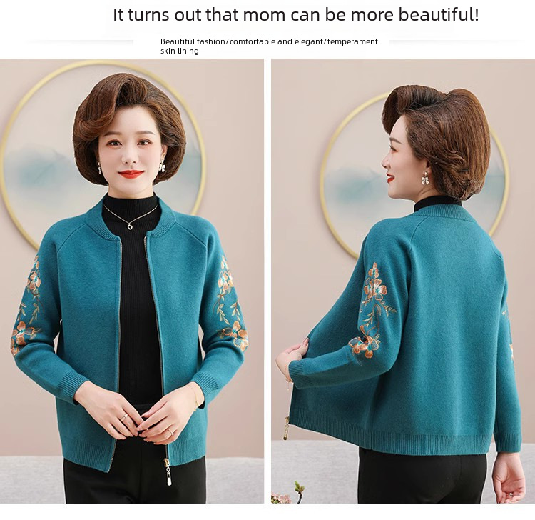 Mom's autumn wool sweater coat middle-aged women's spring and autumn short cardigan small middle-aged and elderly clothes embroidered