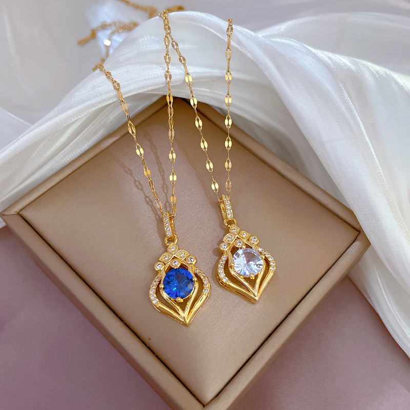 Damen Wassertropfen Halskette Mit Edelstein Aus Edelstahl Gold_voghion.com