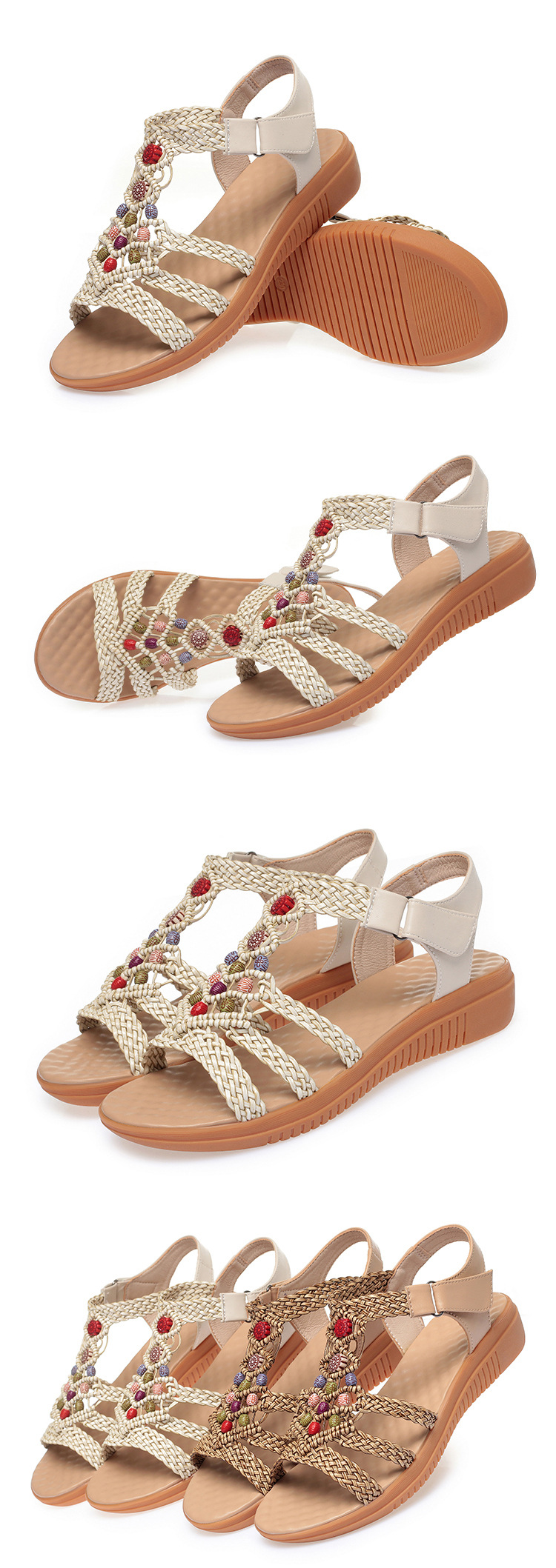 Dép sandal nữ xỏ ngón đế bệt bohemian dệt cut out — màu be chi tiết 8