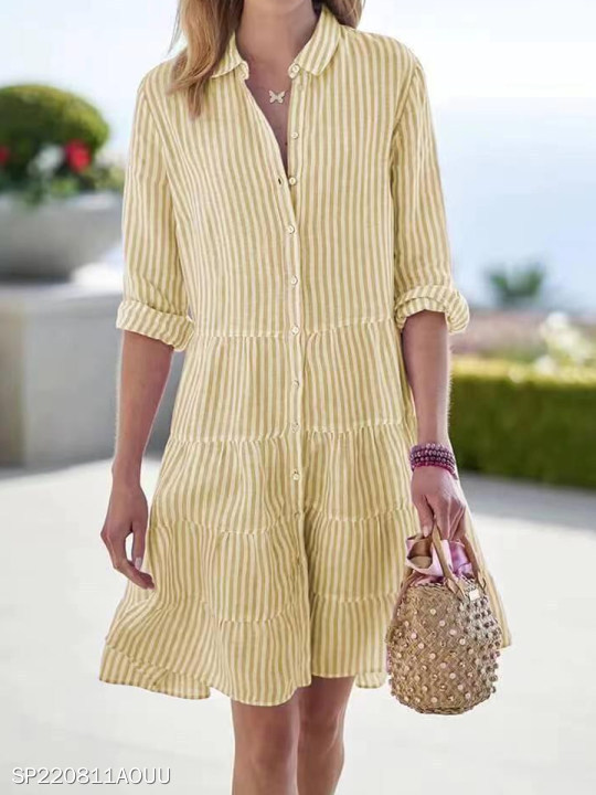 Women's Clothing Long Sleeved Striped Shirt Dress Autumn American Style Thin Summer Dress Suitable_ecoleips.com