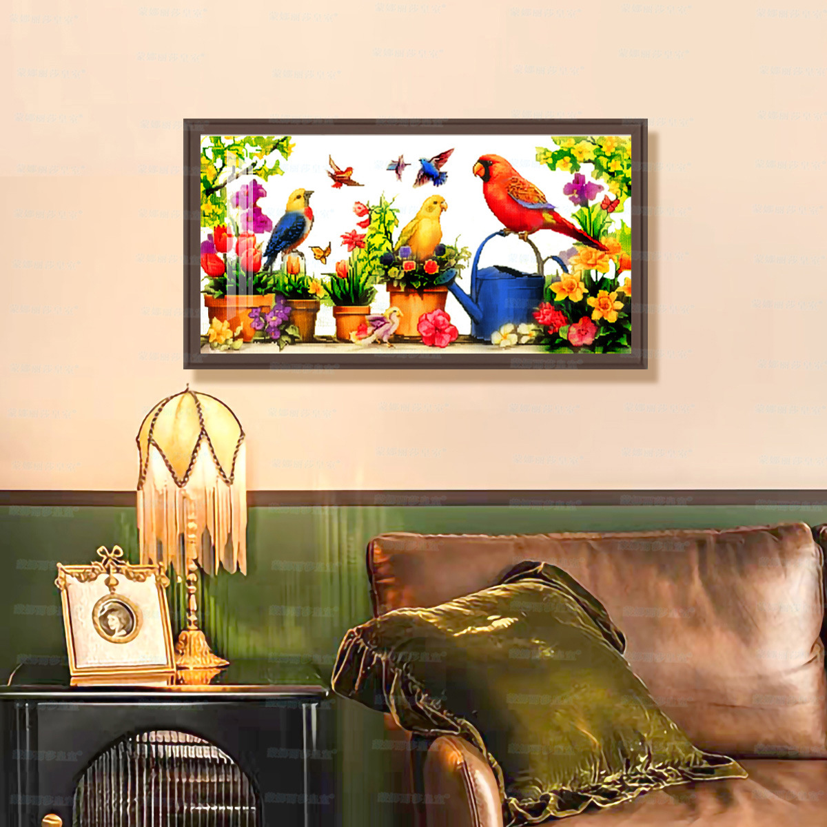 Los pájaros de punto de cruz de comercio exterior se reúnen en el jardín, flores modernas, animales, comedor, decoración de la sala de estar, suministro directo de fábrica