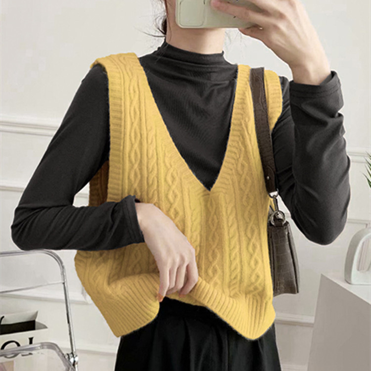Otoño 2023 chaleco de punto con cuello en v retro de las mujeres apiladas a juego flojo estilo perezoso patrón de lino suéter corto image 1