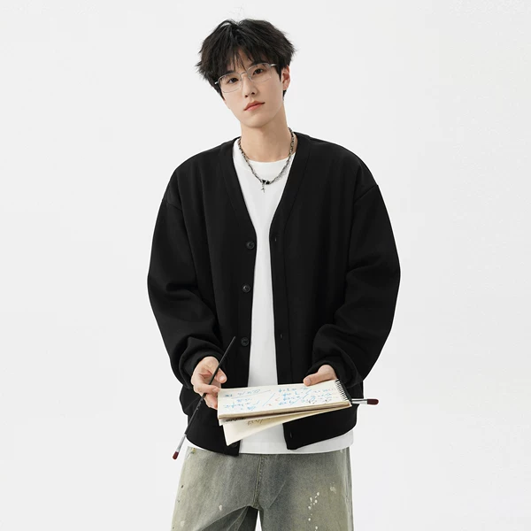 American Heavyweight V Neck Cardigan Sweatshirt for Men and Women 5 Spring and Autum Trendy Lazy Waffle Knitted Jacket