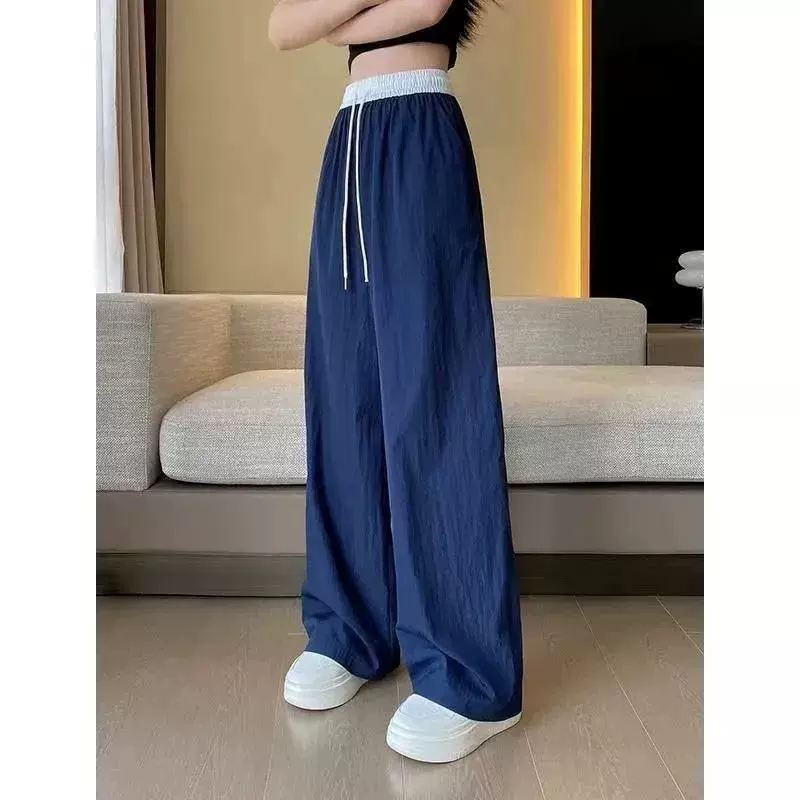 高个子长裤阔腿裤女夏天薄裤子慵懒风撞色高腰休闲运动裤宽松拖地