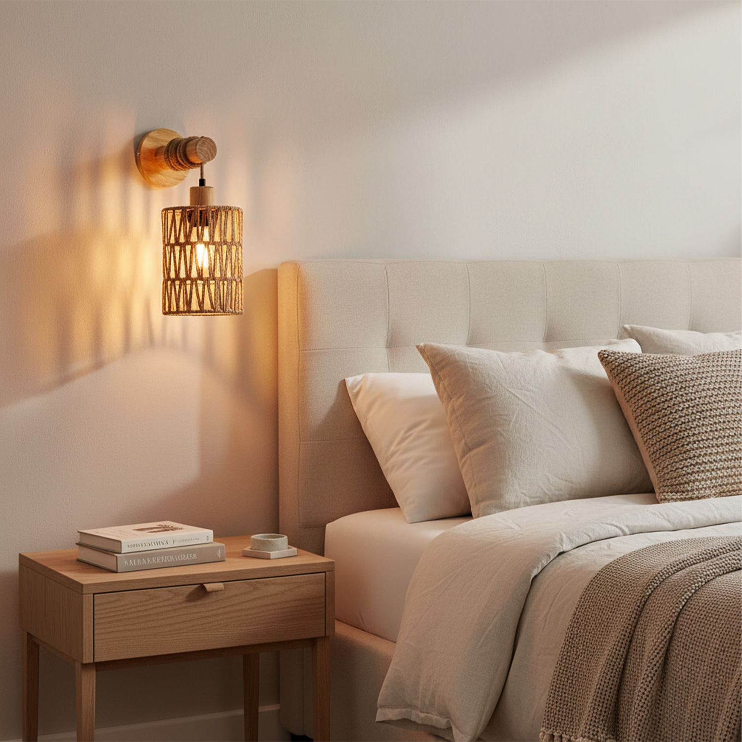 Lámparas transfronterizas de Zhongshan, restaurante de estilo retro, pasillo, dormitorio, cama, casa de familia, cuerda de cáñamo de ratán hecha a mano, pared de madera