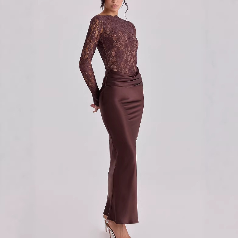 Cross-Border Women's Fashion New European and American Style Slim Fit Hip-Hugging Lace Patchwork Fishtail Dress Sexy Ruched Satin Gown