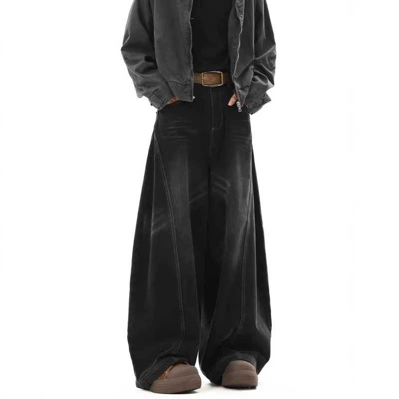 Retro design jeans, trousers, American style, trend of season, loose straight fit