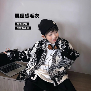 Children's Niche Design Retro Pattern Lel Neck Sweater Coat Boys' Loose Contrast Knitted Cardigan Trendy Middle-Big Kids