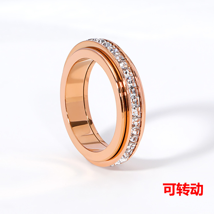 Live popular simple single row Diamond rotatable ring 18K rose gold plated zircon titanium steel starry ring for women