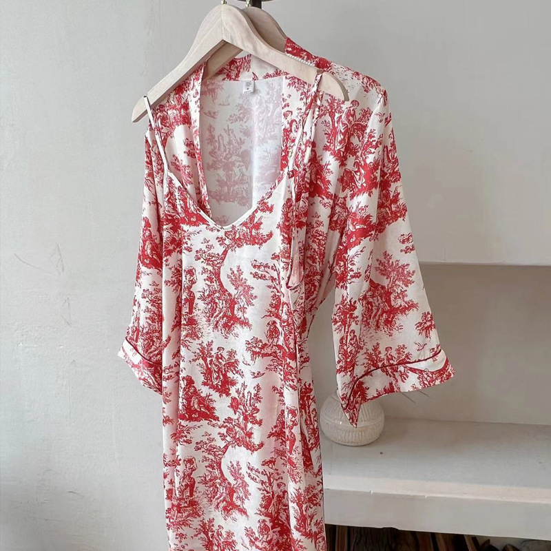 Big Brand Style Summer Ice Silk Nightgown Internet Popular Style New Chinese Style Nightgown Morning Gown for Small People French High-end Two-piece Set