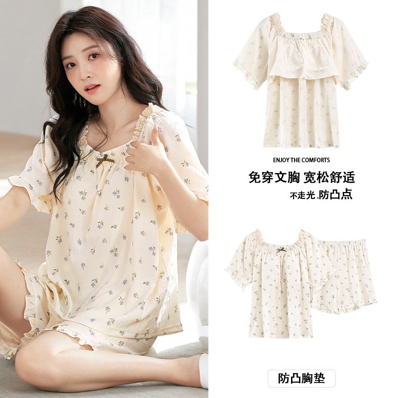 Chest Pad Pajamas Women's Summer Short-sleeved Shorts Pullover Cute Korean Style Sweet Thin Floral plus size Home Clothes suit