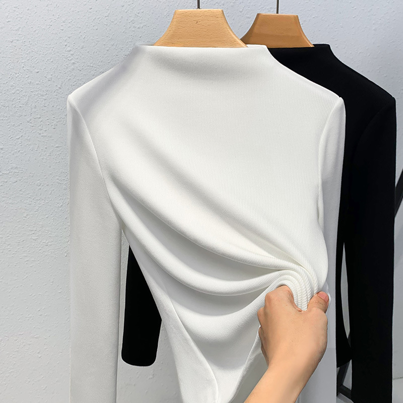 Camiseta de cuello medio alto para mujer, novedad de 2024, ropa de mujer, color sólido, acanalada, con forro polar integrado, capa interior cálida, top grueso con forro polar
