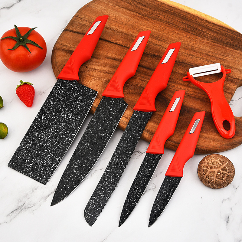 Suministro directo de fábrica de tinta de piedra hoja de acero mango rojo cuchillo de seis piezas traje de cuchillo de cocina de acero inoxidable traje de pintura en aerosol cuchillo