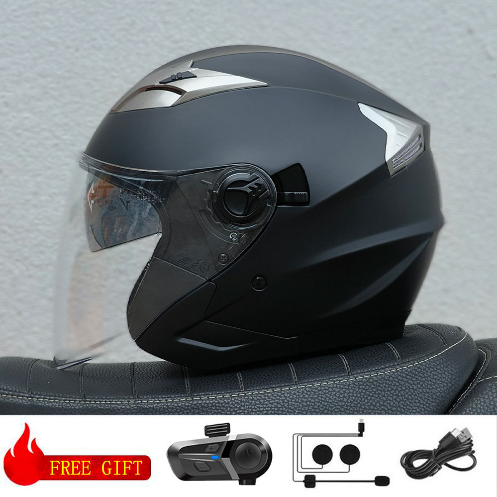 Motuoche BLD Helmet 3/4 Half Helmet Motorcycle Helmet with Double Visor (Motosiklet kaskı (dəbilqə)) - matte-black-transparent-visor-with-bluetooth-m57-58
