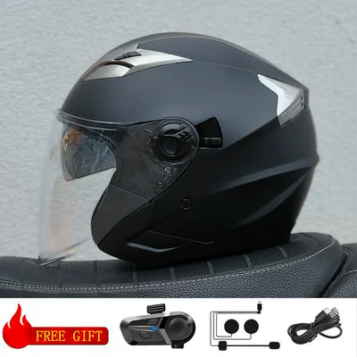 Bld Wholesale Bailide Helmet Cross-Border Supply 3/4 Helmet Half Helmet Motorcycle Helmet Dual Lens Cycling Helmet (Motosiklet kaskı (dəbilqə)) - matt-black-transparent-lens-with-bluetooth-m57-58