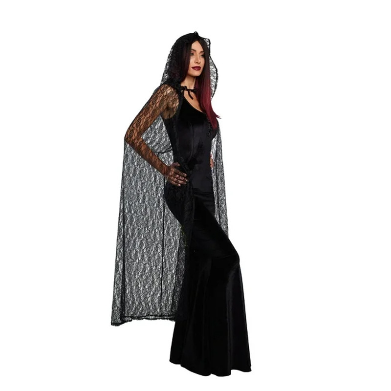 ホット販売ハロウィンブラックレースフード付き魔女マントショール薄いストラップ超ロングマントダークスタイル|undefined