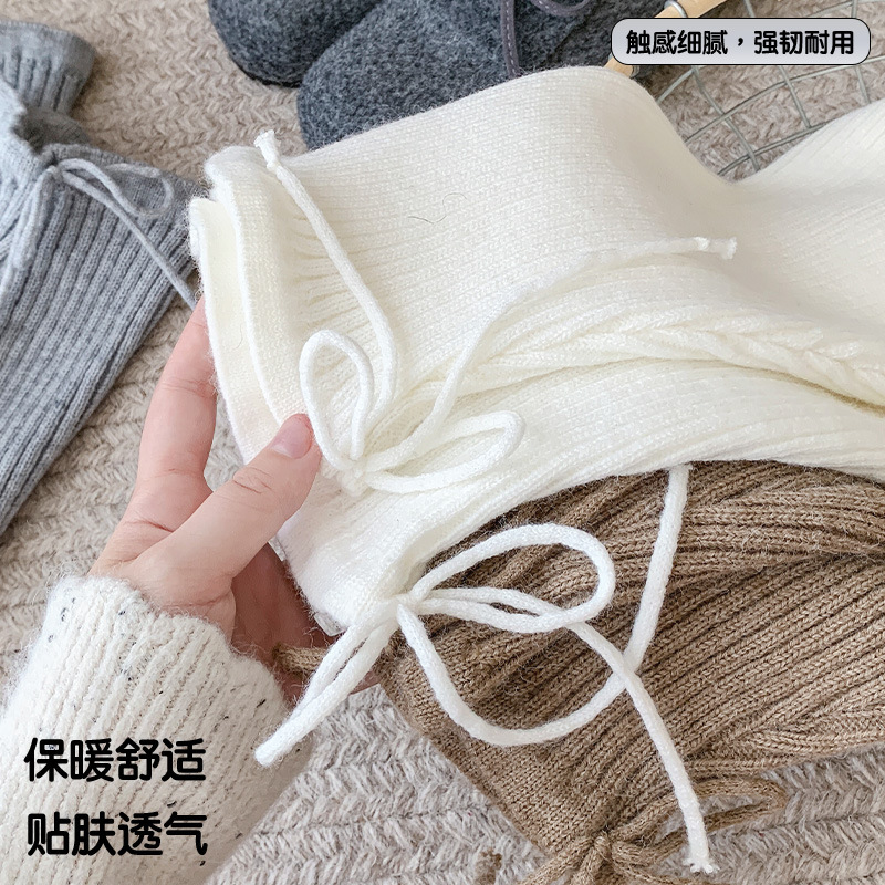袜套女秋冬蝴蝶结绑带加厚保暖小腿套微喇阔腿针织纯色堆堆袜套|undefined