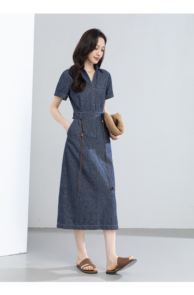Đầm maxi nữ thắt eo tay ngắn chất liệu cotton pha linen phong cách Pháp — Xanh da trờicolor chi tiết 24